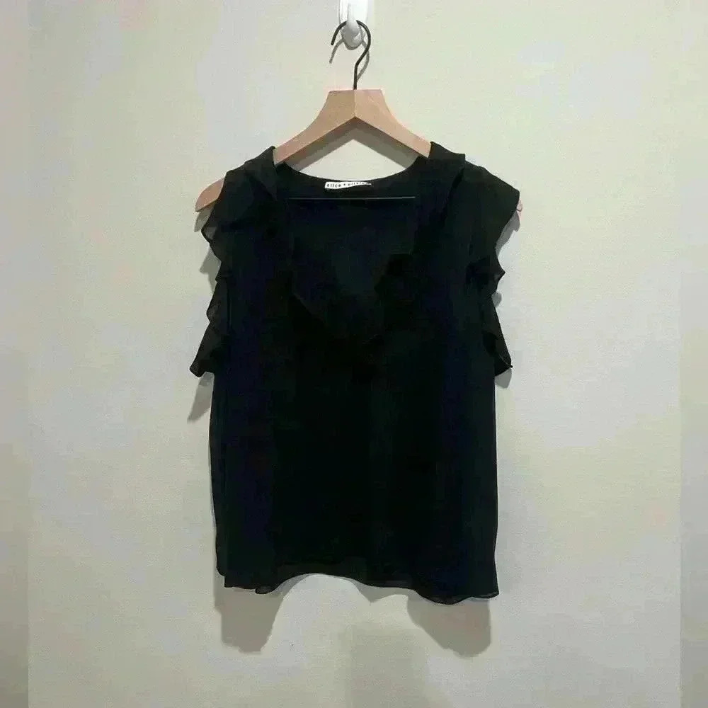 Alice + Olivia Gia Black Ruffle Cold Shoulder Top Medium